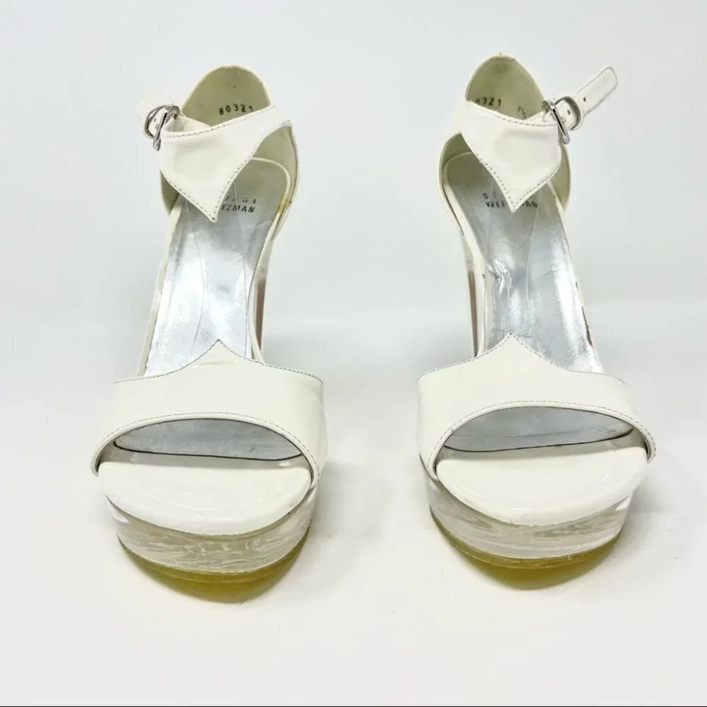 Stuart Weitzman White Patent Leather T Strap Perspex Platform Heels Size 7.5